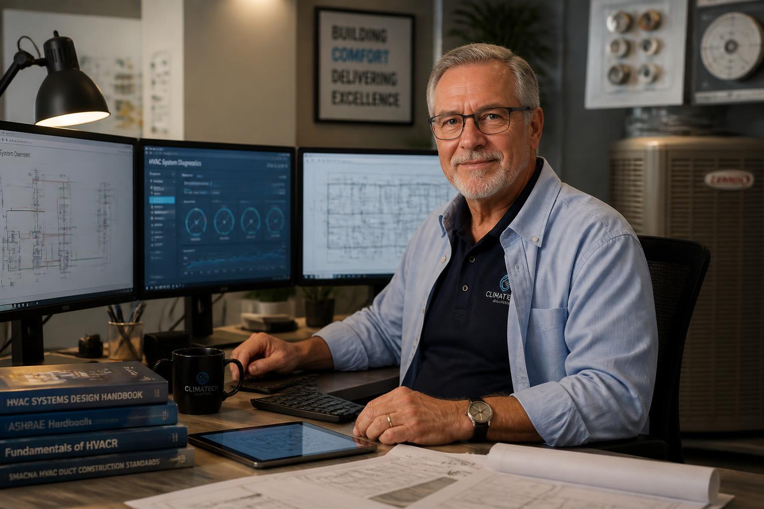Experienced HVAC engineer at an engineering computer desk reviewing system diagnostics